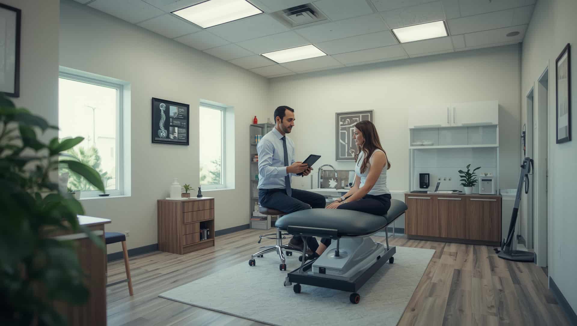 Modern Tulsa chiropractic clinic interior where a chiropractor consults a first-time patient during an initial wellness assessment
