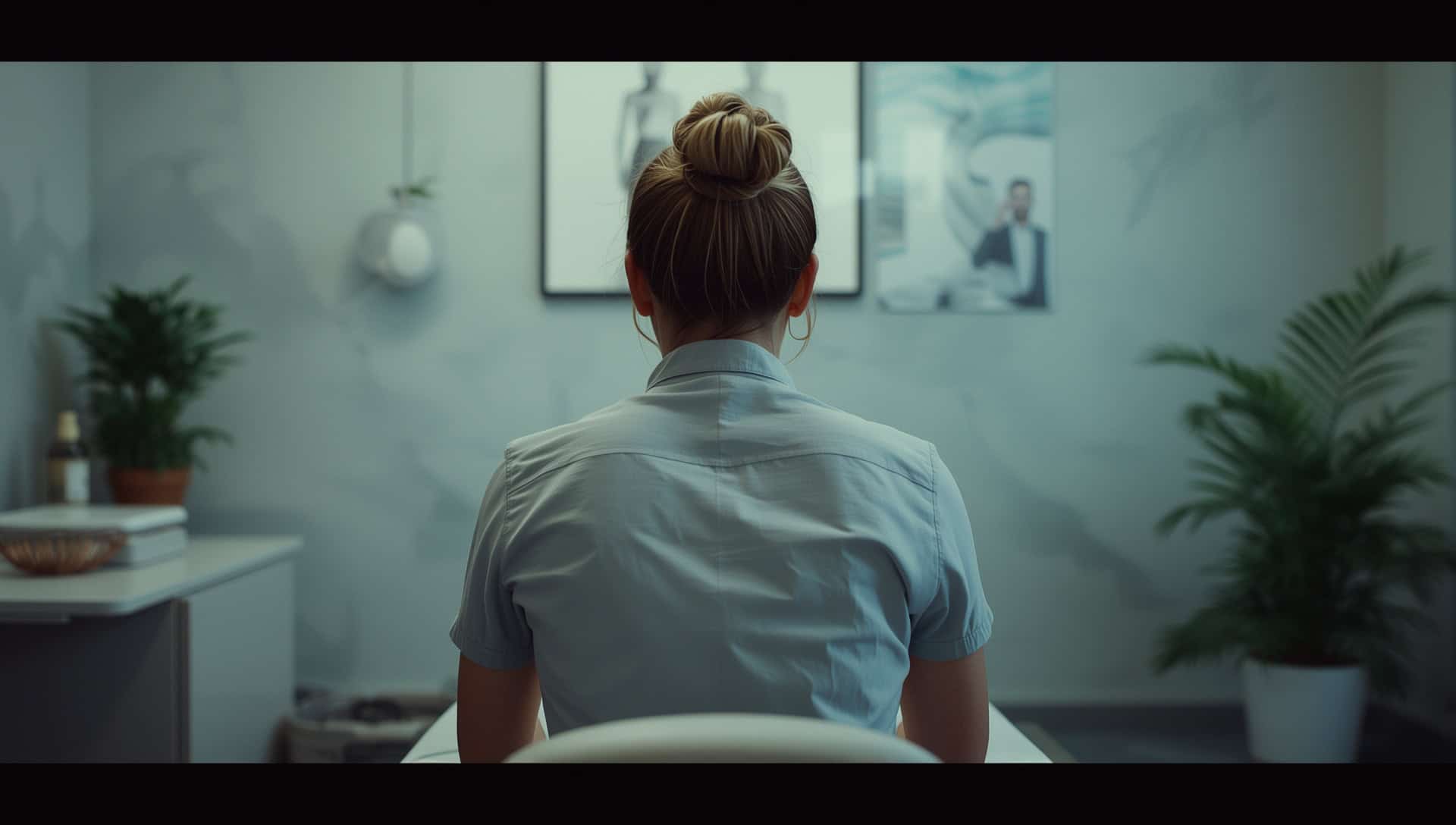 Patient gently stretching neck and shoulders in a chiropractic clinic as part of auto injury recovery care.