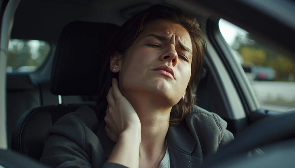 Person holding neck in discomfort inside car after minor accident showing early signs of whiplash injury