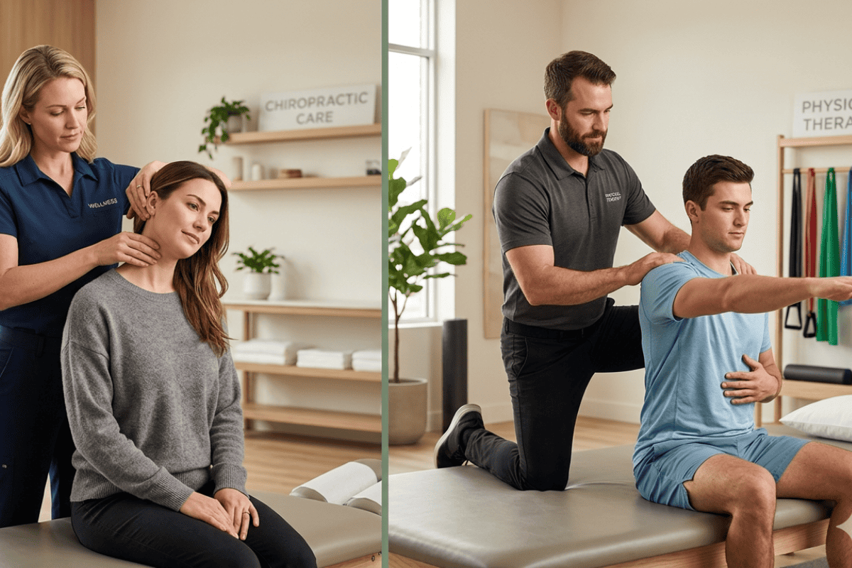 Left: chiropractor adjusting a woman's neck as she sits on a treatment table in a wellness clinic with shelves and plants in the background.