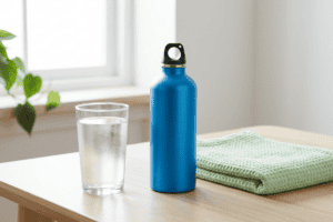 Blue metal water bottle with a black cap, a glass of water, and a folded green towel on a light wooden table by a window.
