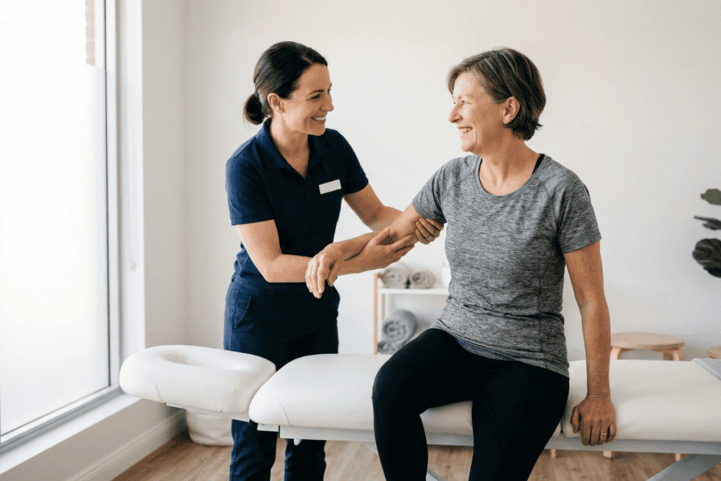Physical therapist helps an older woman with arm support while smiling in a bright clinic, sitting on a therapy table