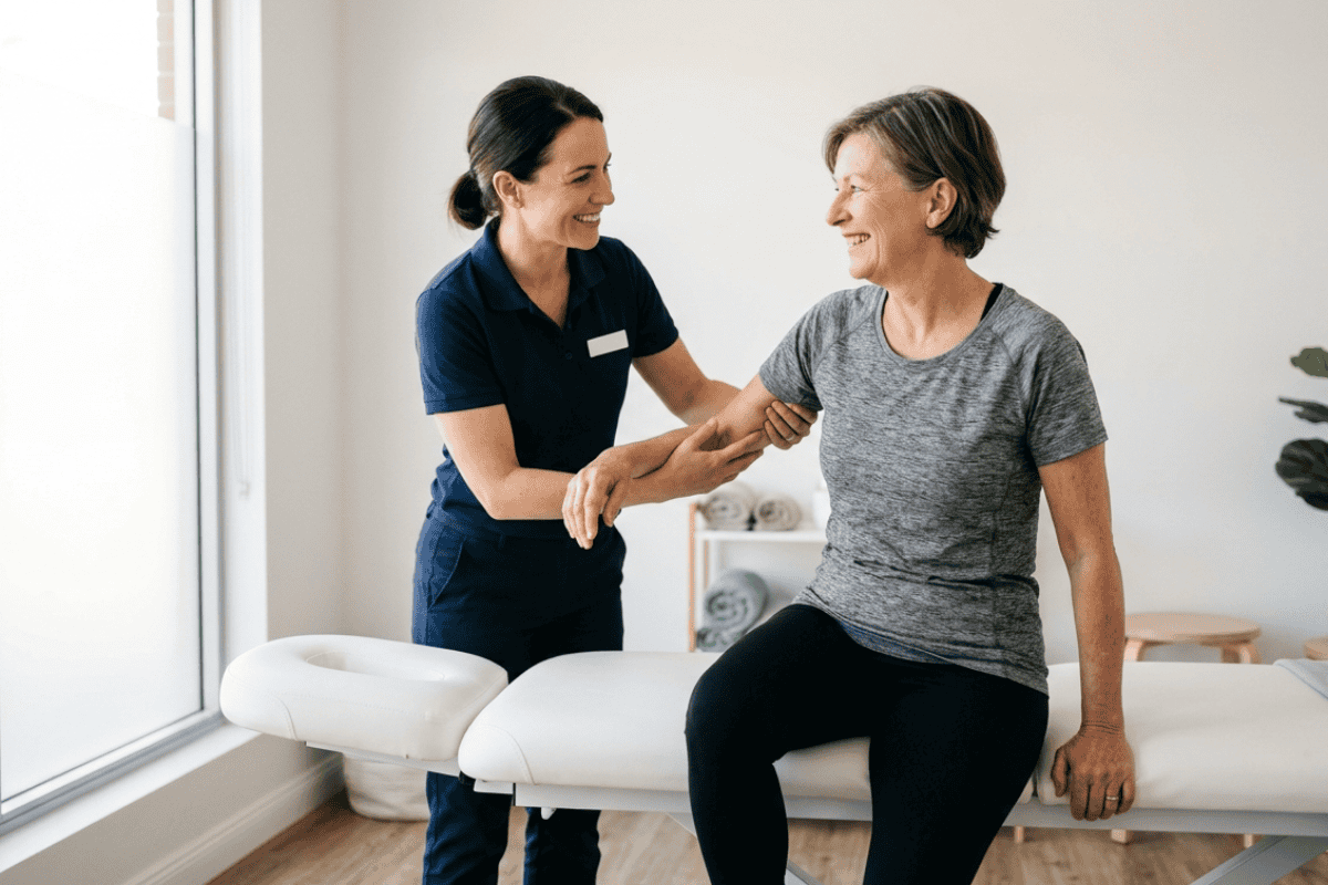 Physical therapist helps an older woman with arm support while smiling in a bright clinic, sitting on a therapy table