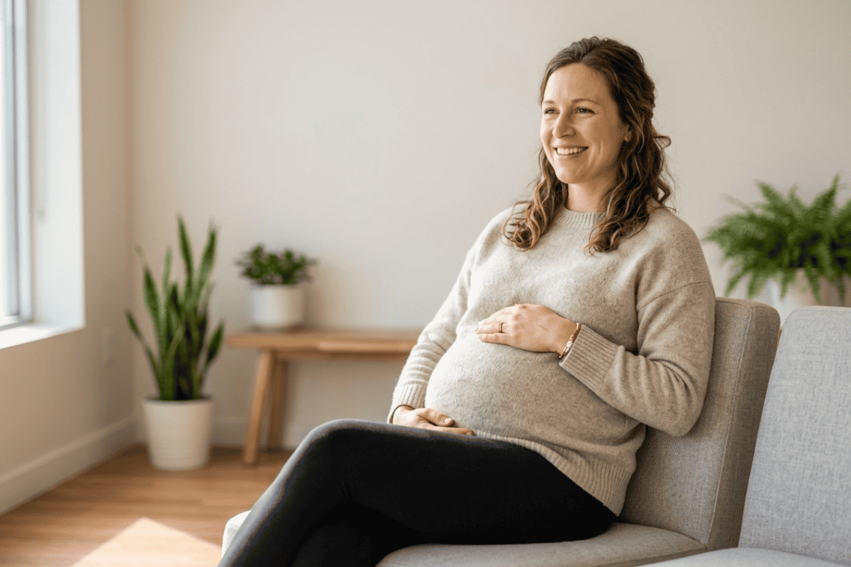 Pregnant woman sits on a gray sofa at home, smiling and resting hands on her belly.