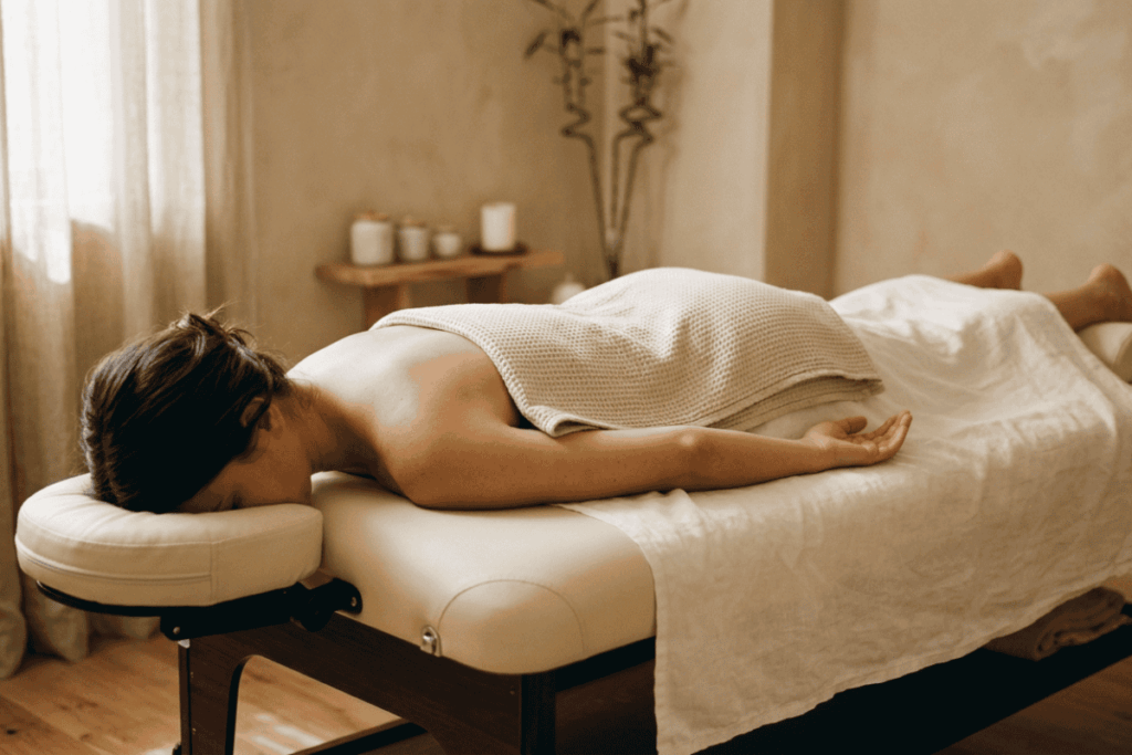 Person lying face down on a massage table, head resting on a padded face cradle, in a softly lit spa room with a towel covering the back