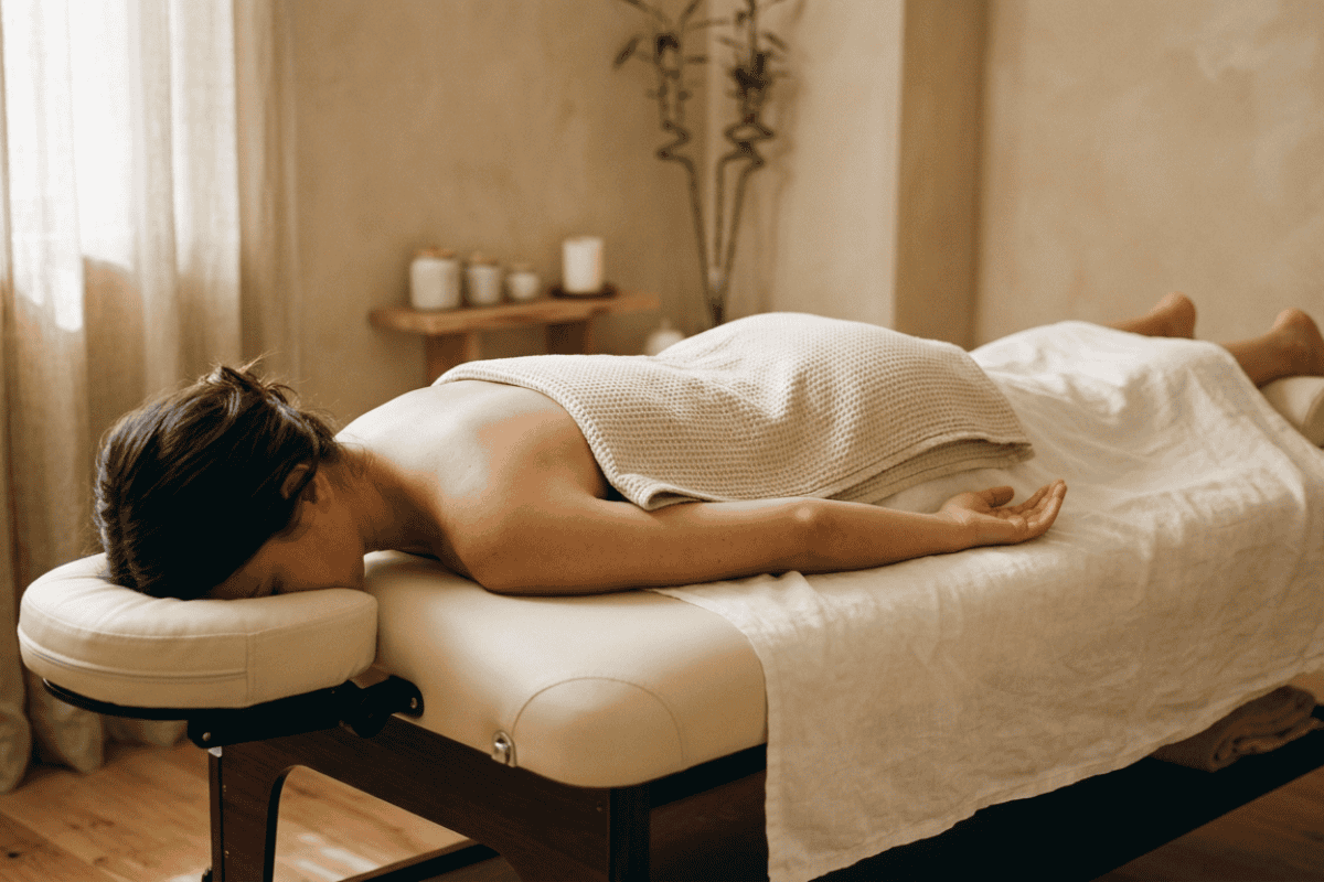Person lying face down on a massage table, head resting on a padded face cradle, in a softly lit spa room with a towel covering the back