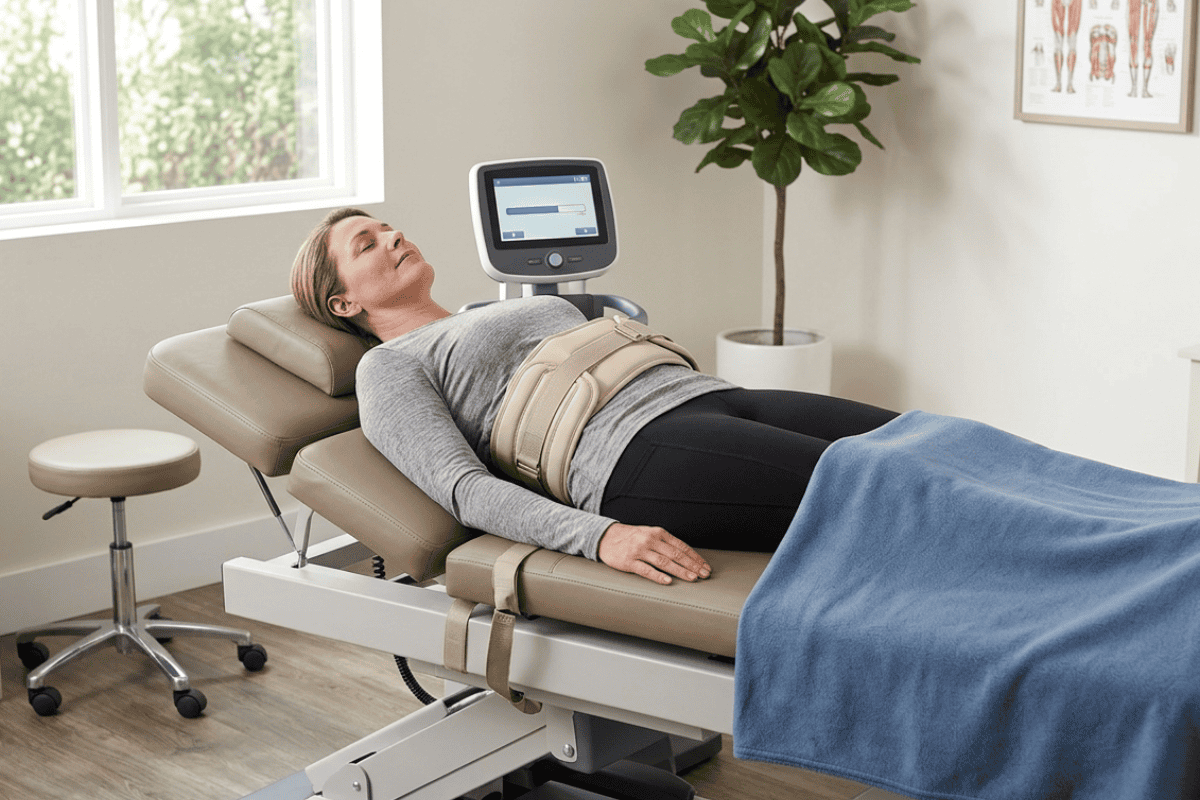 Woman lying on a medical treatment table wearing a beige abdominal brace while a monitor sits nearby in a sunny clinic room.