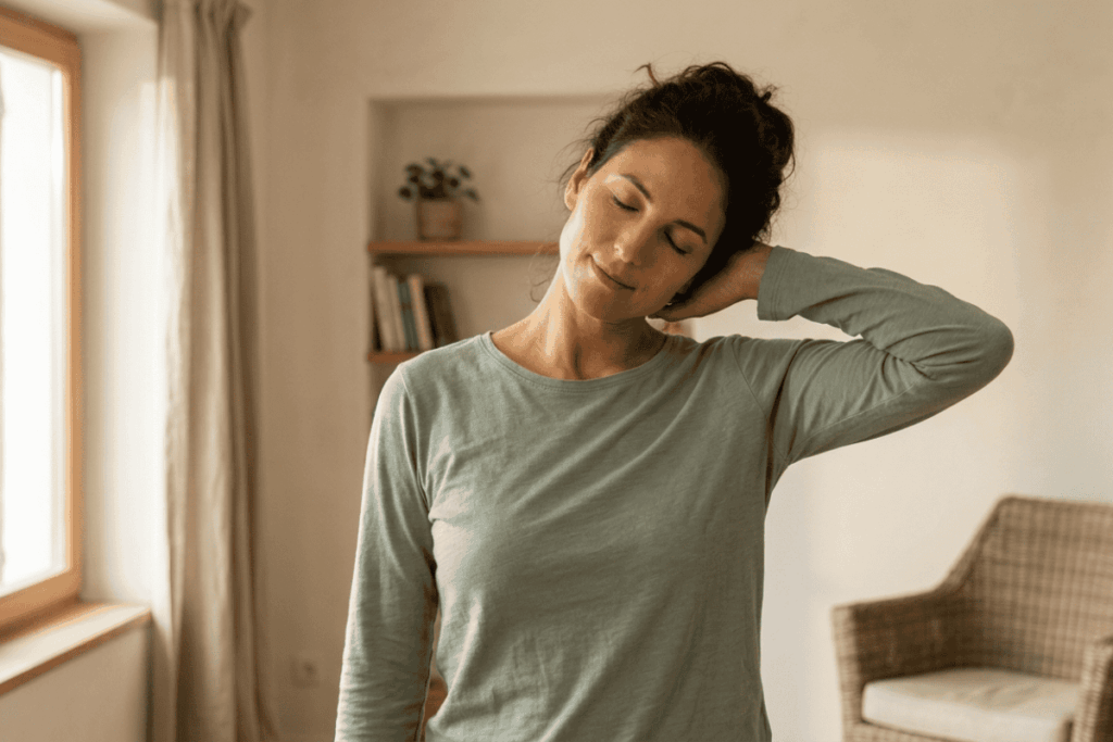 Woman in a sage green long-sleeve shirt tilts her head and rests her neck on her hand for a gentle stretch in a bright living room.