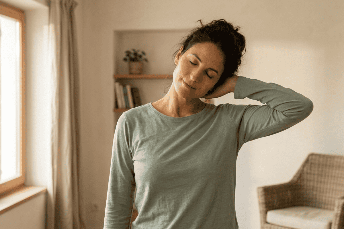 Woman in a sage green long-sleeve shirt tilts her head and rests her neck on her hand for a gentle stretch in a bright living room.