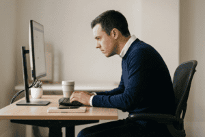 Profile view of a man in a navy sweater typing at a desktop computer, with a coffee cup and a small plant on the desk.