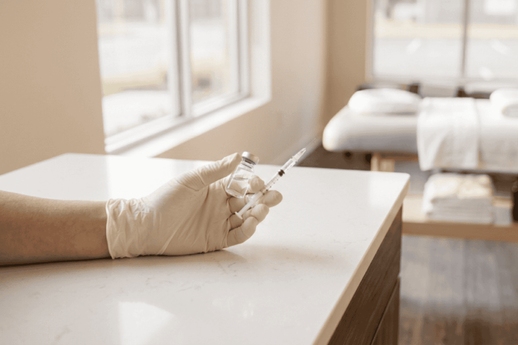 Gloved hand holds a syringe and vial on a white clinic counter, with a treatment bed in the background.