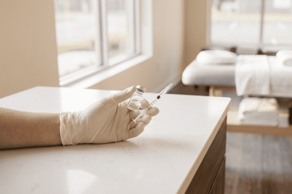 Gloved hand holds a syringe and vial on a white clinic counter, with a treatment bed in the background.