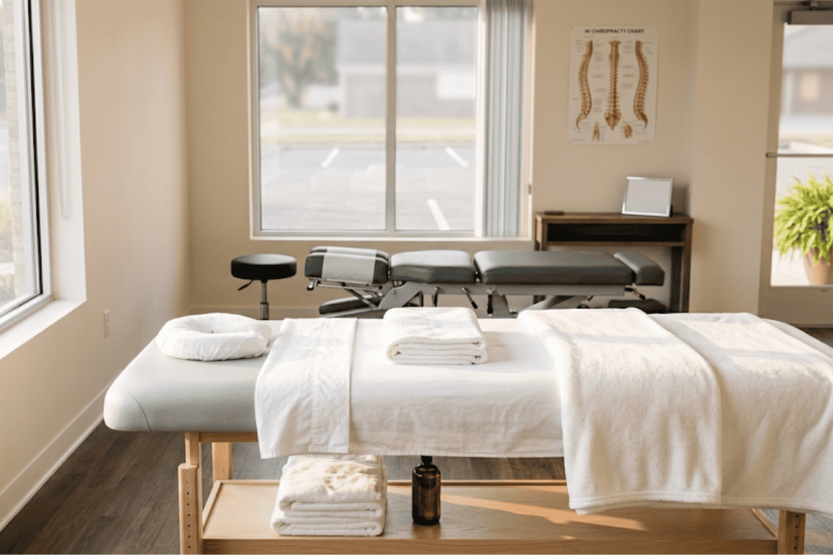 Treatment room with a massage/physical therapy table, white towels, and a windowed wall.