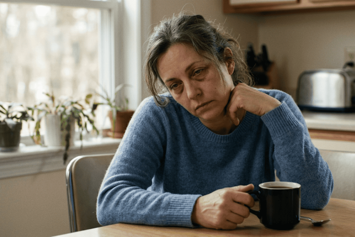 Woman in a blue sweater sits at a kitchen table, resting her head on her hand beside a mug of coffee, looking tired.