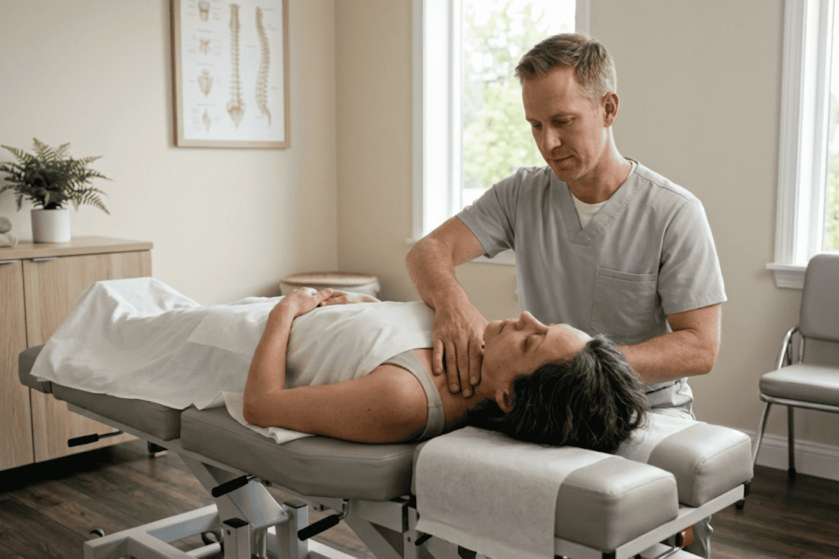 Chiropractor in gray scrubs performing a neck adjustment on a patient lying on a treatment table in a bright clinic.