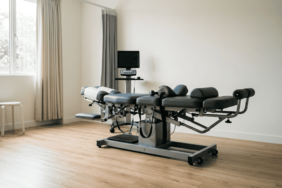Examination table with adjustable sections in a bright clinic room and a monitor on a wheeled cart nearby