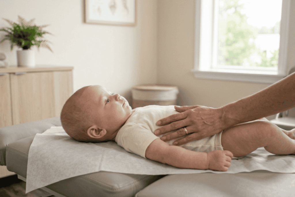 Baby lying on a changing table with a caregiver's hand resting on the baby's chest in a bright room.