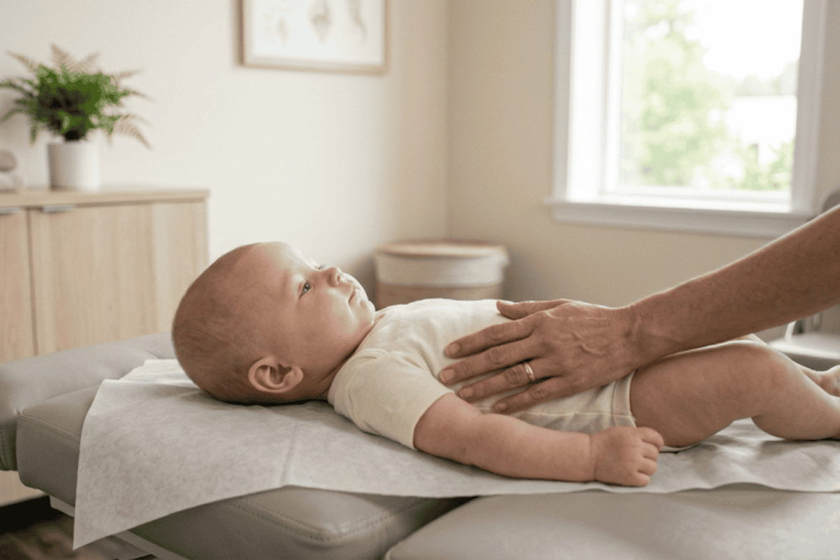 Baby lying on a changing table with a caregiver's hand resting on the baby's chest in a bright room.