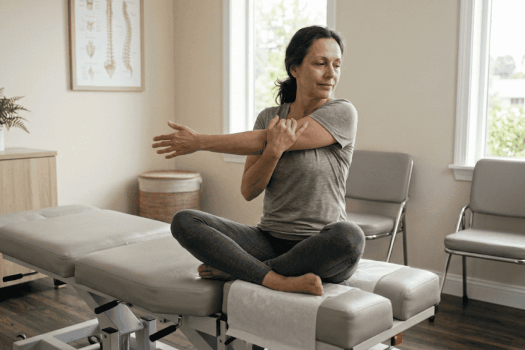 Woman seated cross-legged on a padded therapy table, stretching her right arm across her chest in a calm clinic or therapy room.