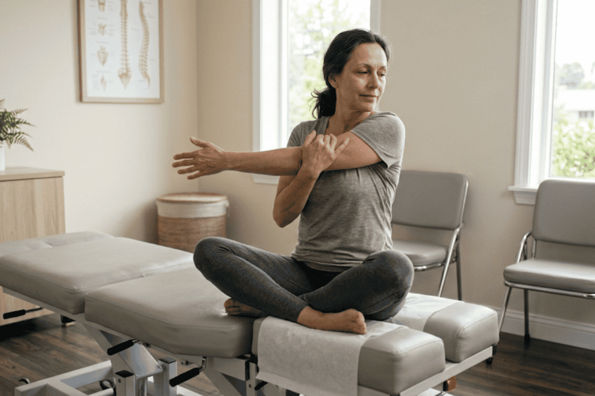Woman seated cross-legged on a padded therapy table, stretching her right arm across her chest in a calm clinic or therapy room.