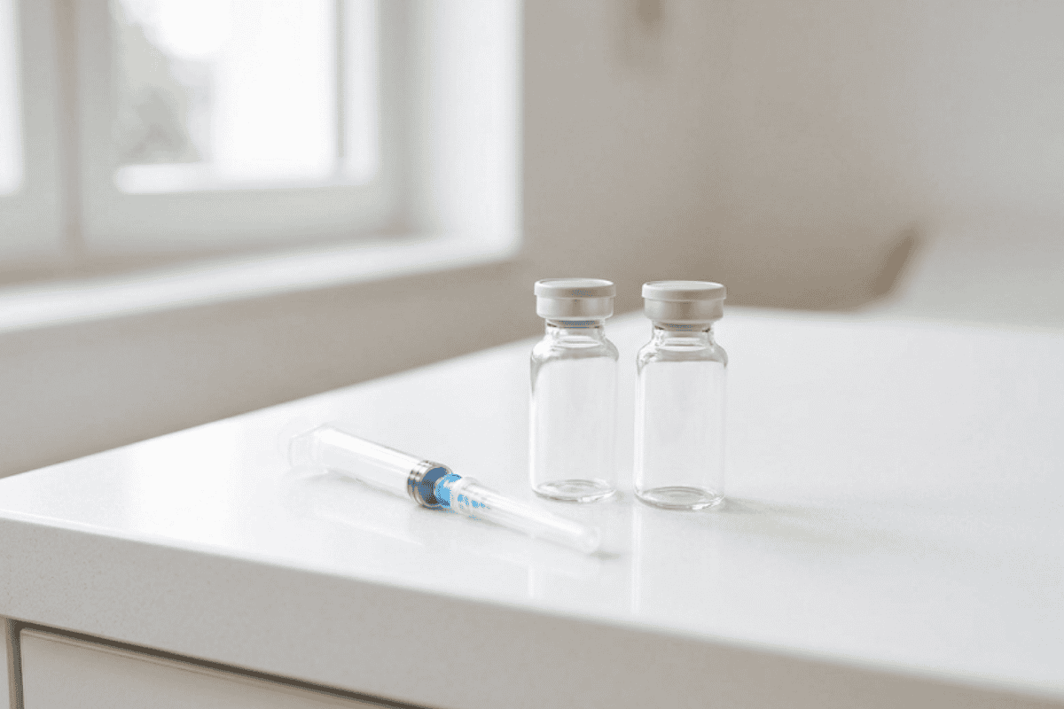 Two glass vials with caps and a syringe on a white lab counter, ready for use in a clinical setting and bright room lighting.