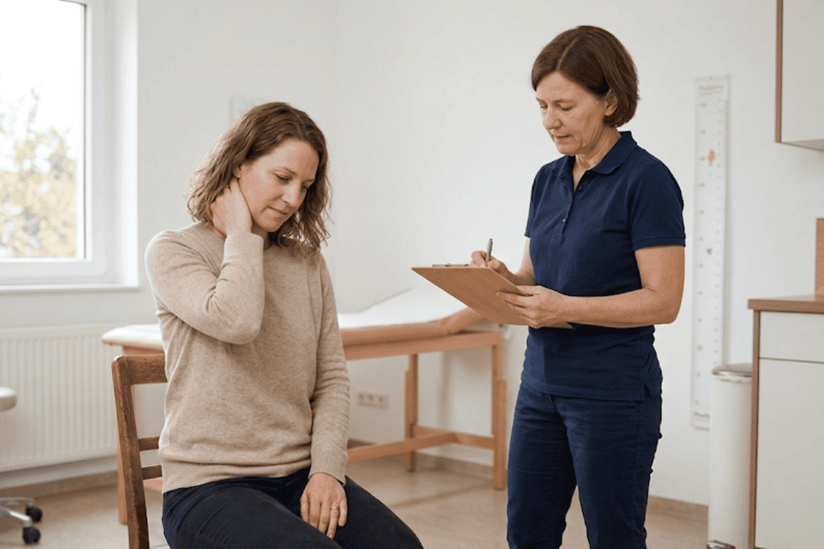 Woman sits with her hand on her neck while a clinician records notes on a clipboard beside her.