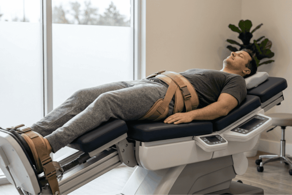 Man resting on a padded medical table secured with beige straps in a clinic room.