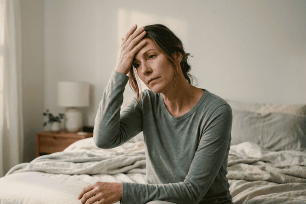 Woman sits on a bed in a soft-lit room, hand on her forehead, looking stressed or tired in a gray long-sleeve shirt