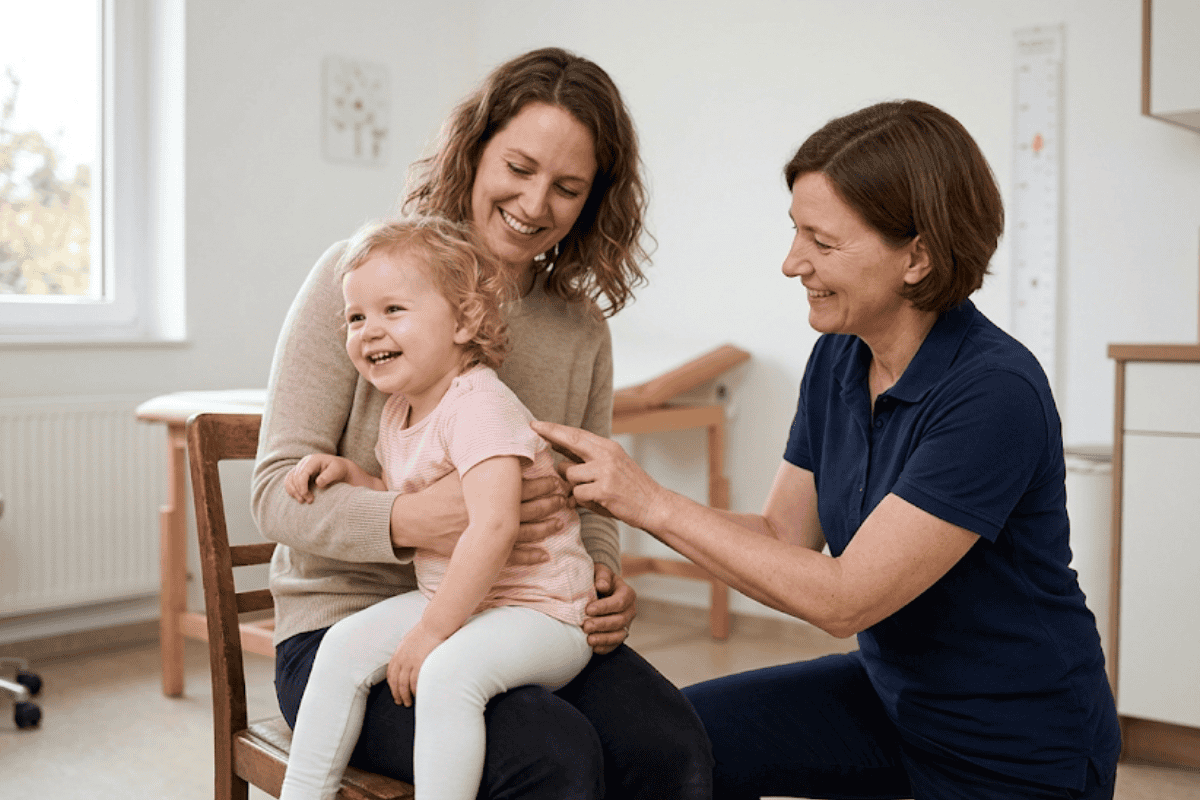 Child on a mother's lap smiles as a nurse in a navy polo gently touches the child in a bright clinic room—all are smiling during a checkup moment.