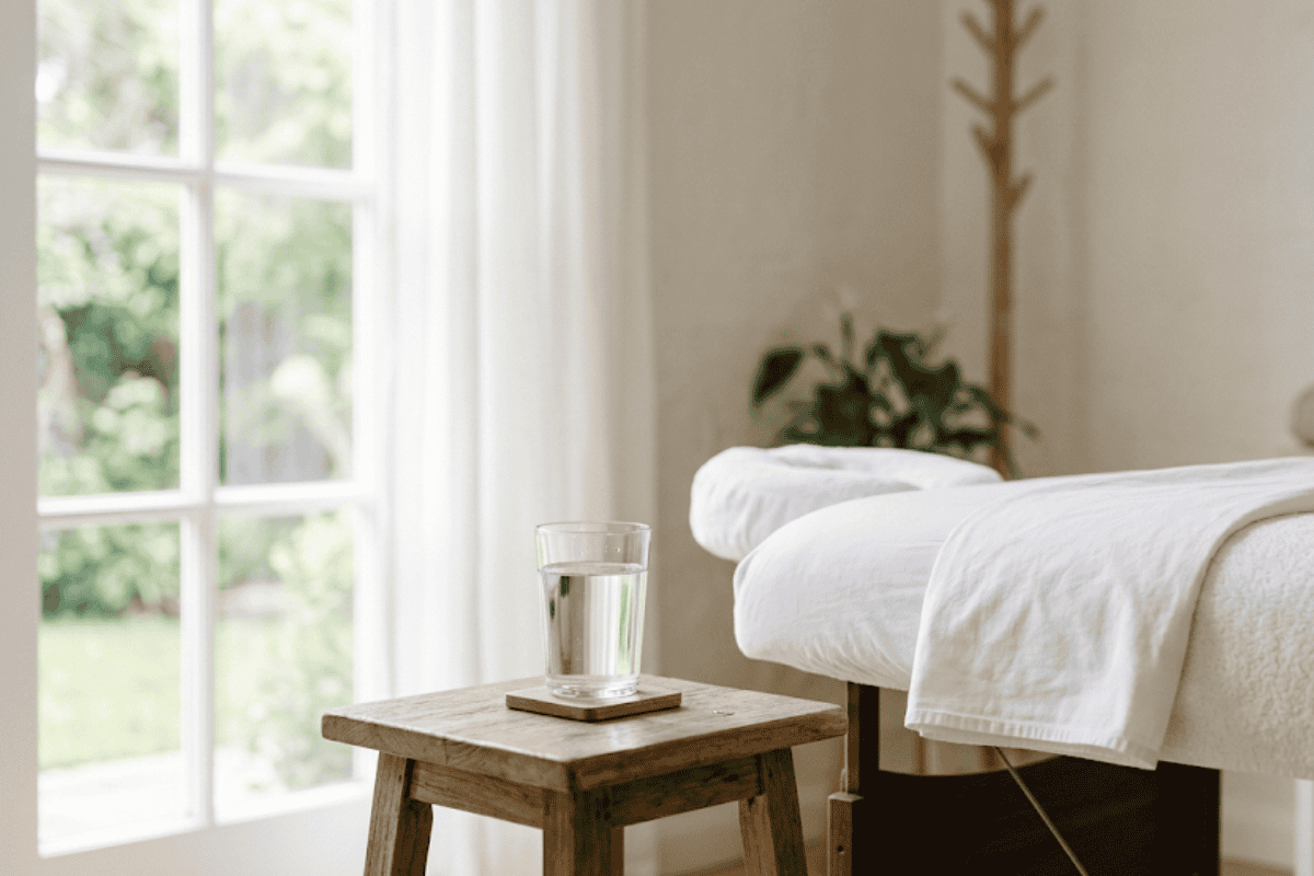 Massage table with white linens beside a wooden stool holding a glass of water, in a sunlit room with a window and plants nearby.