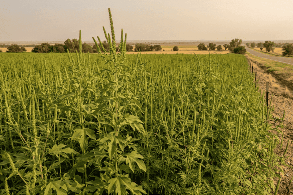 Field of tall green plants growing in a rural field beside a gravel road and fence, stretching to the horizon.